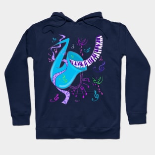 Jazz music shirt with saxophone, piano keys, musical notes. Hoodie